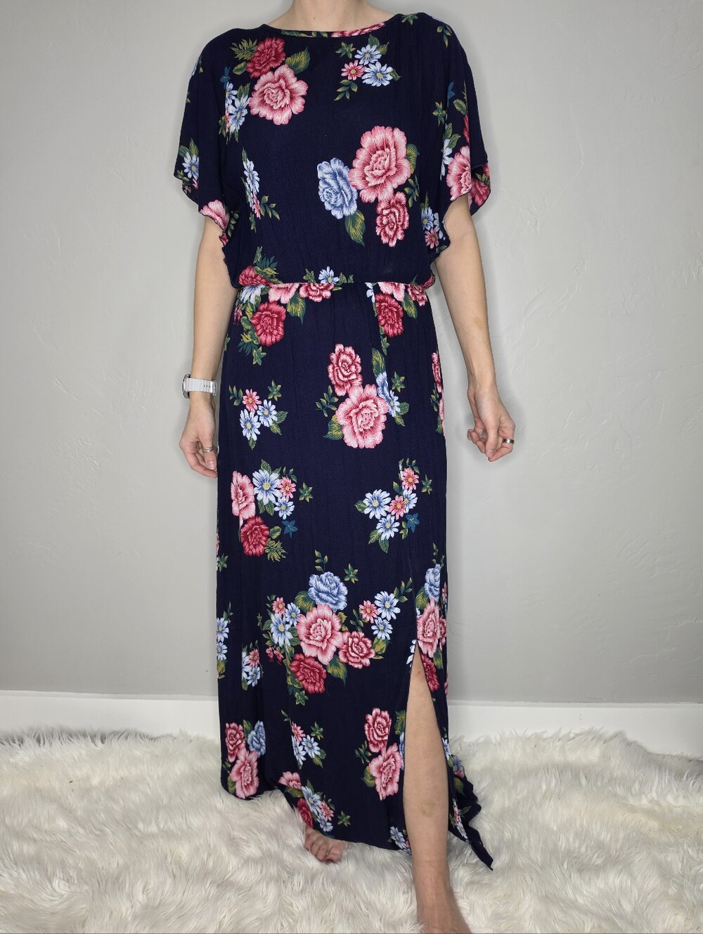 Navy Floral Maxi Dress with Side Slit